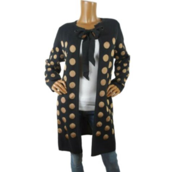 Chico's Sweaters - CHICO'S Top L Sz 2 Black/Tan Dot Long Cardigan Sweater Ribbon Tie Heavyweight